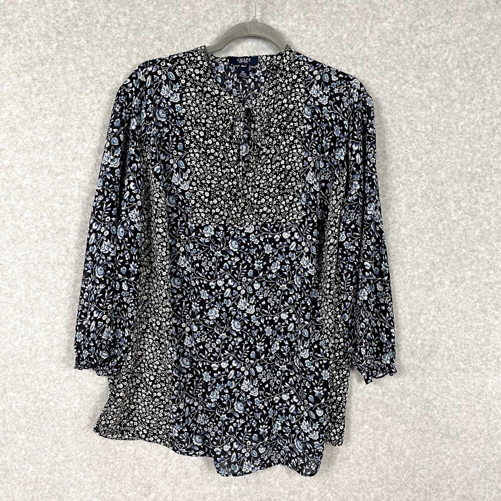 Chaps Floral Blouse Size 2X Lightweight Cottage 3/4 Sleeve Keyhole Boho Tunic
